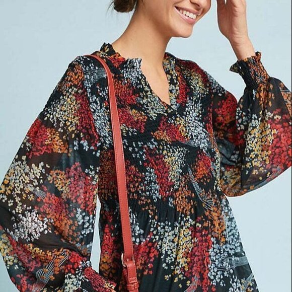 Anthropologie Floral Blouse Womens XS V-Neck Smocked Long Sleeve Relaxed Tunic - Picture 15 of 15